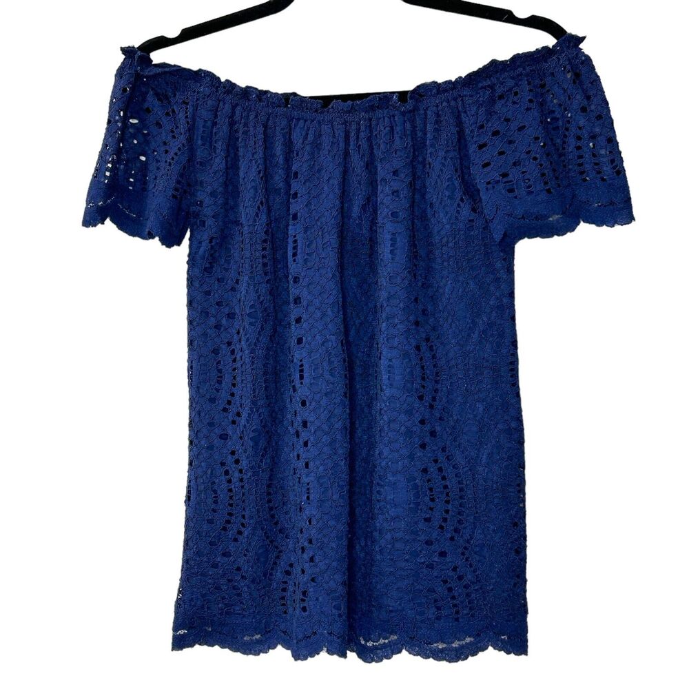 Lilly Pulitzer Marble Off the Shoulder Lace Top Scalloped Navy Blue Women's XS